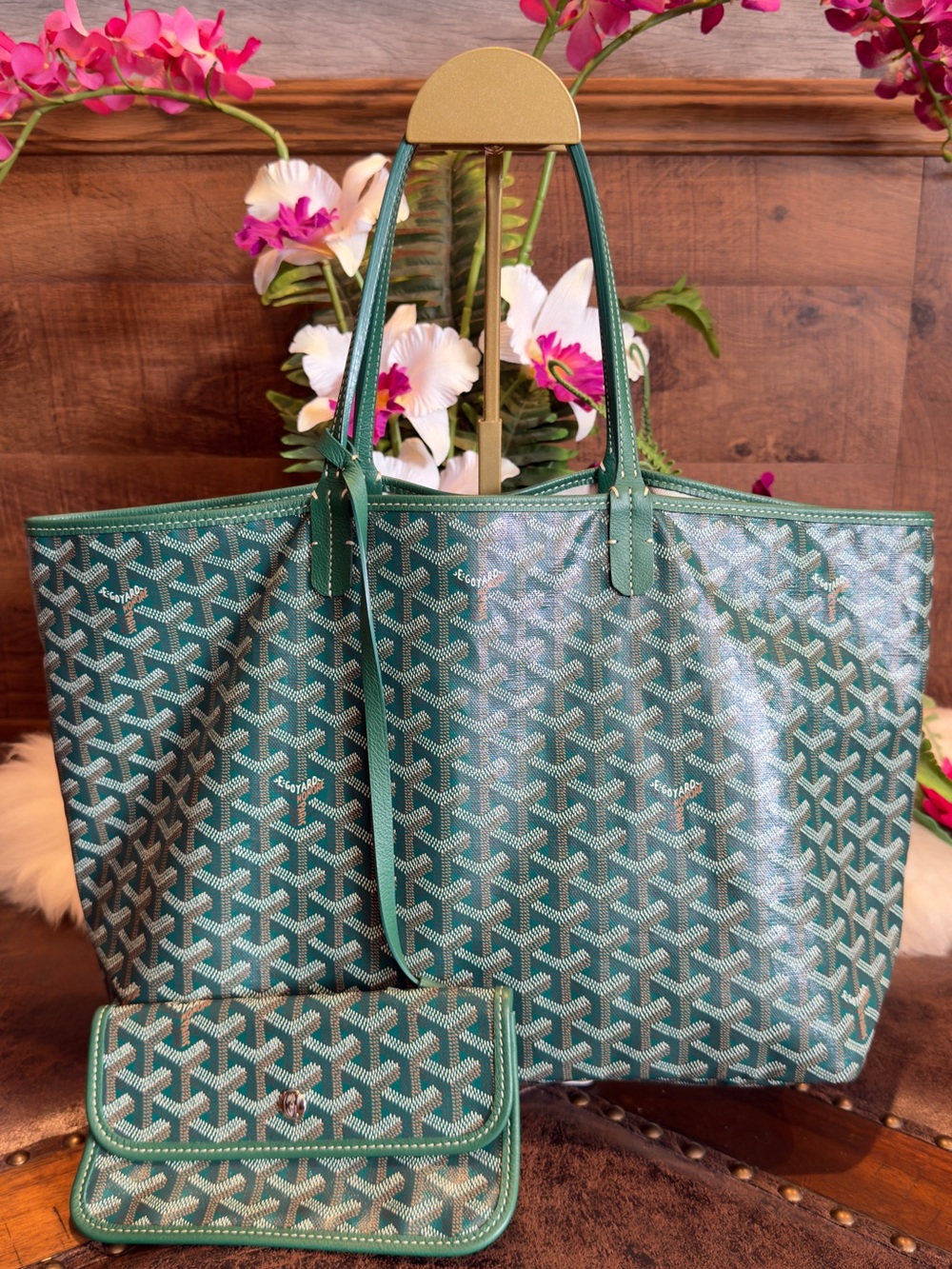Goyard Green Patterned St. Louis Tote with Matching Pouch Size pm